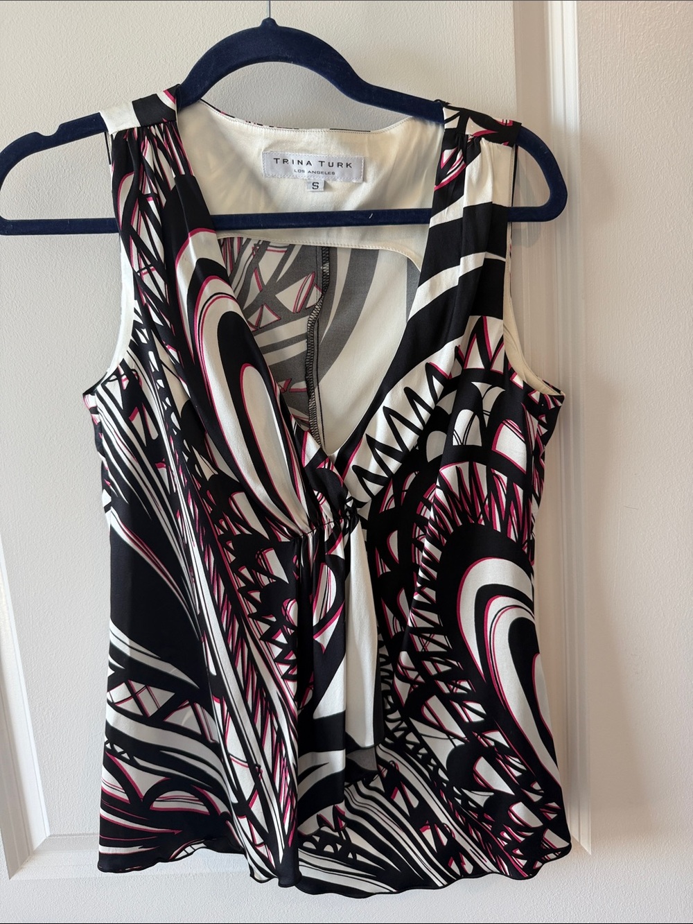 Trina Turk Black White and Pink Twist-Front Printed Tank